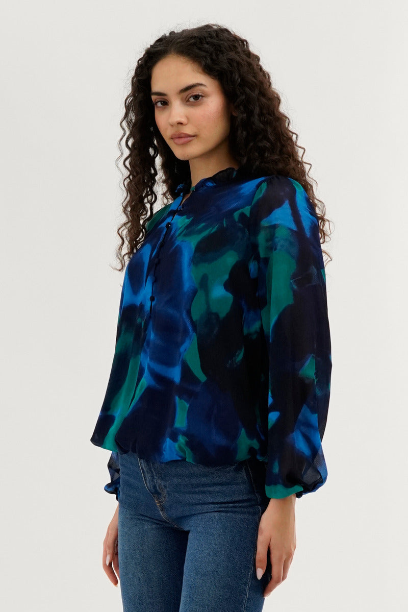 Costa Blanca Patterned Sheer Sleeve Blouse - Navy - Womens Shirts & Blouses - Fairweather
