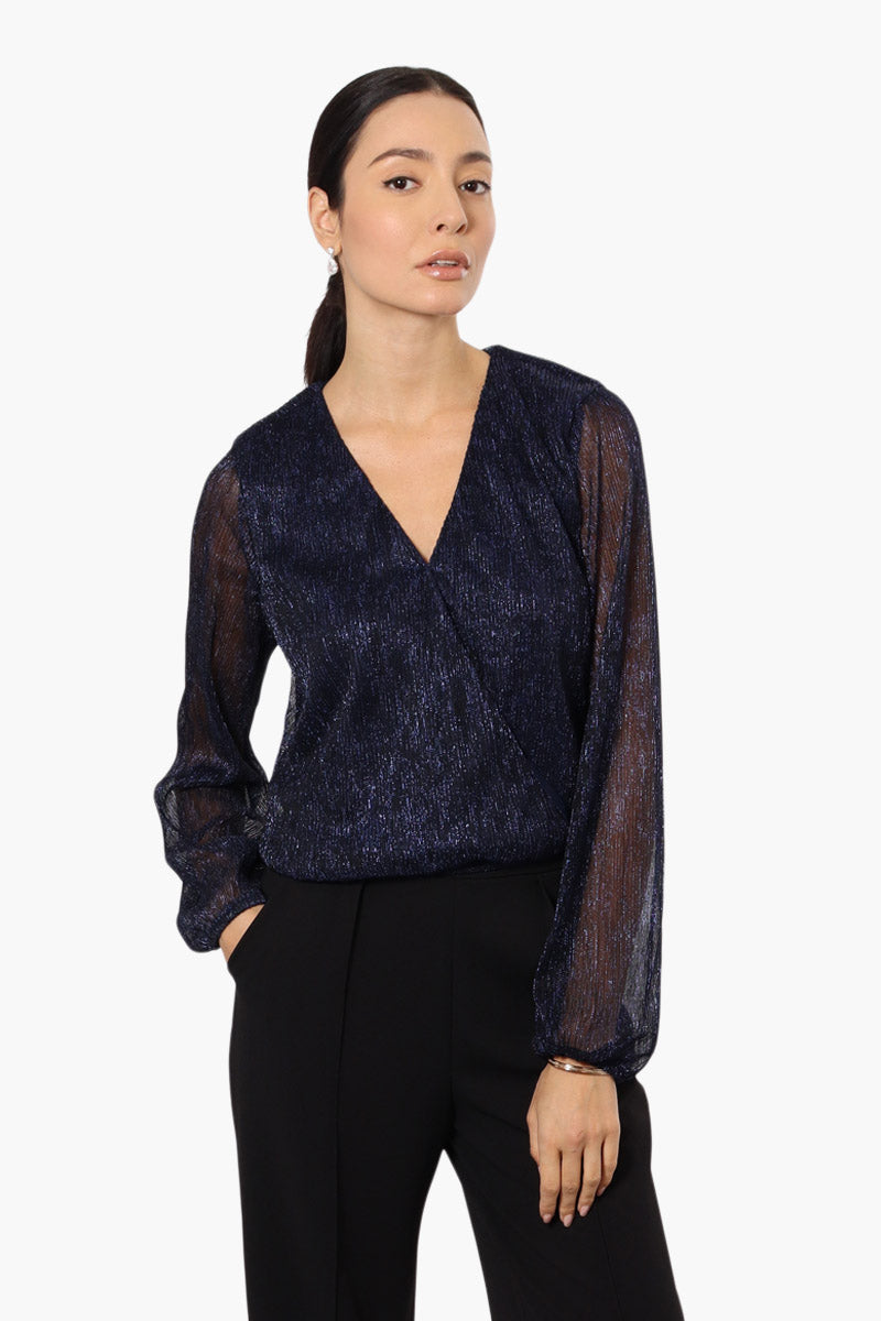 Limite Sheer Sleeve Lurex Blouse - Navy - Womens Shirts & Blouses - Fairweather