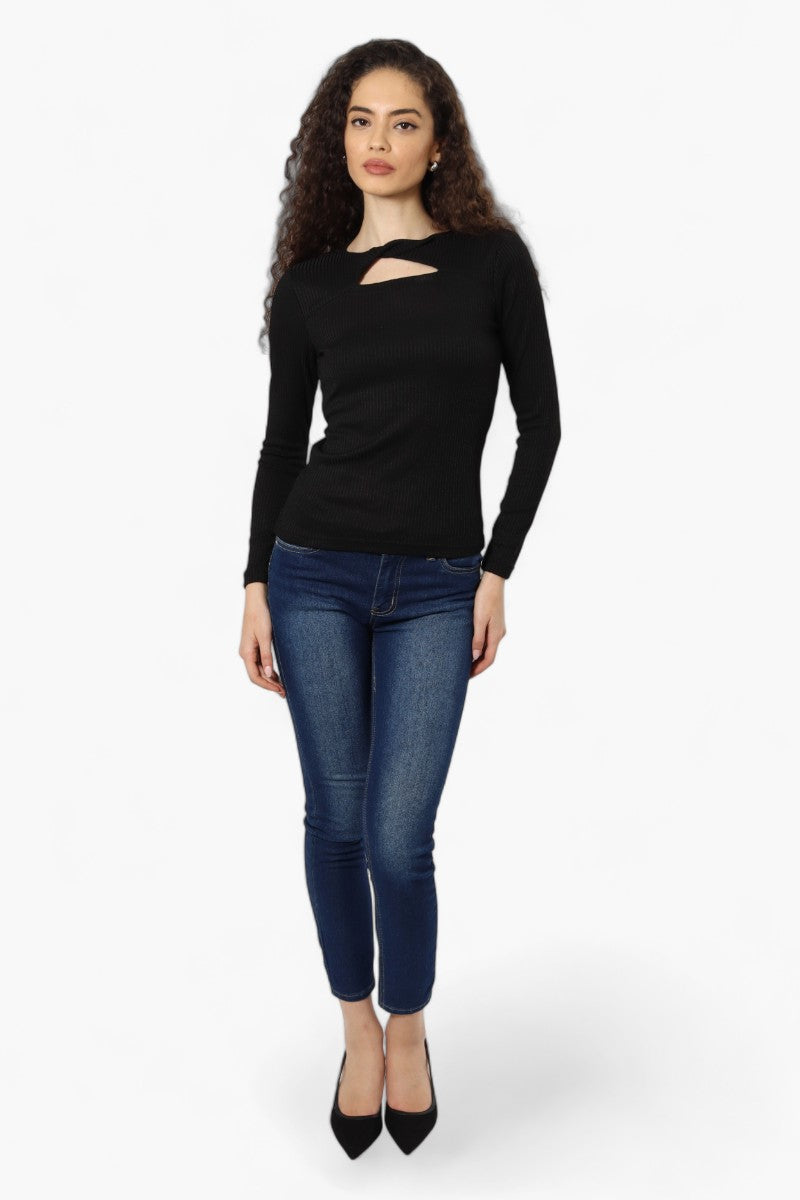 Magazine Ribbed Front Twist Long Sleeve Top - Black