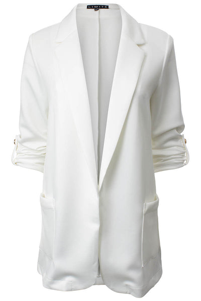 Solid Roll Up Sleeve Open Front Blazer - White - Womens Blazers - Fairweather