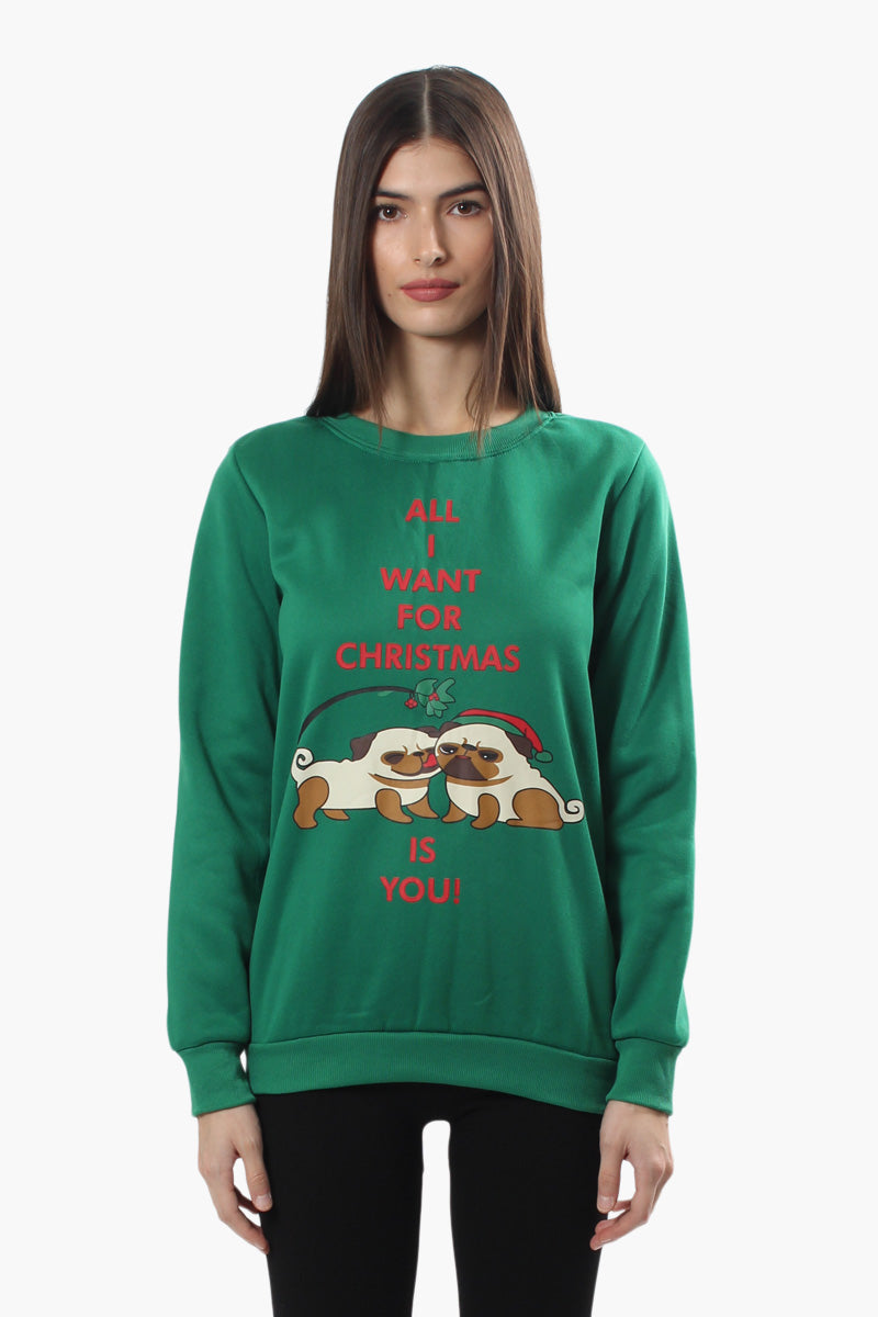 Ugly Christmas Sweater Pug Print Christmas Sweater - Green - Womens Christmas Sweaters - Fairweather