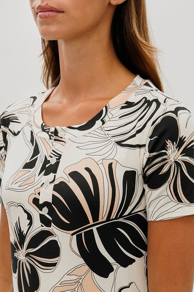 Runaway Bay Leaf Print Short Sleeve Henley Day Dress - Cream - Womens Day Dresses - Fairweather
