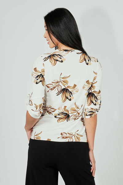Beechers Brook Floral Roll Up Sleeve Half Zip Blouse - Cream - Womens Shirts & Blouses - Fairweather