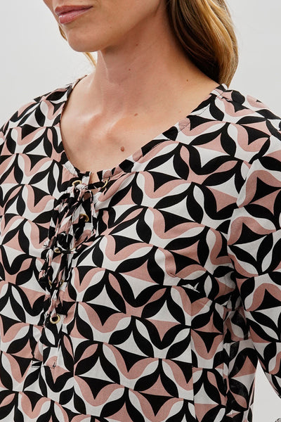 Beechers Brook Patterned Lace Up Blouse - Black - Womens Shirts & Blouses - Fairweather