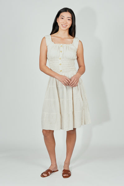 Impress Front Button Smocked Tiered Day Dress - Cream - Womens Day Dresses - Fairweather