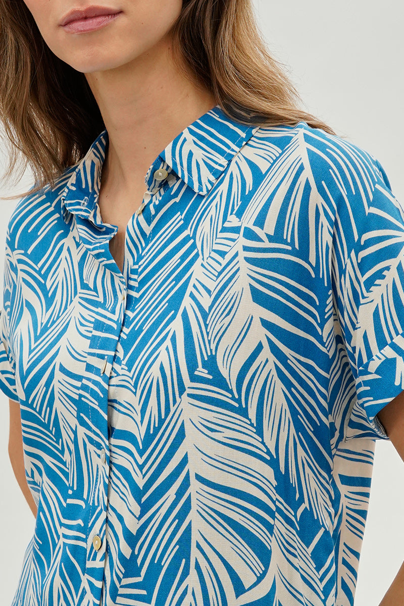 International INC Company Leaf Print Short Sleeve Shirt - Blue - Womens Shirts & Blouses - Fairweather