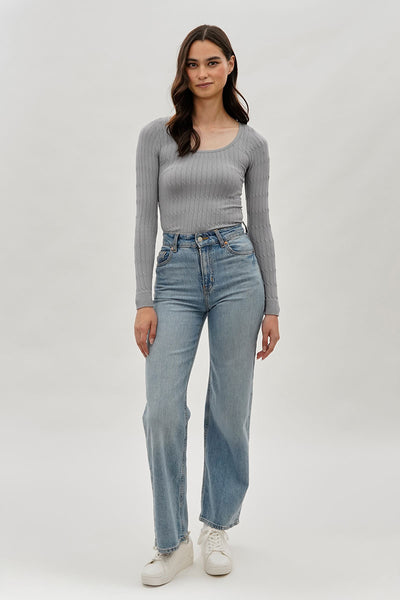 International INC Company Ribbed Scoop Neck Long Sleeve Top - Grey - Womens Long Sleeve Tops - Fairweather