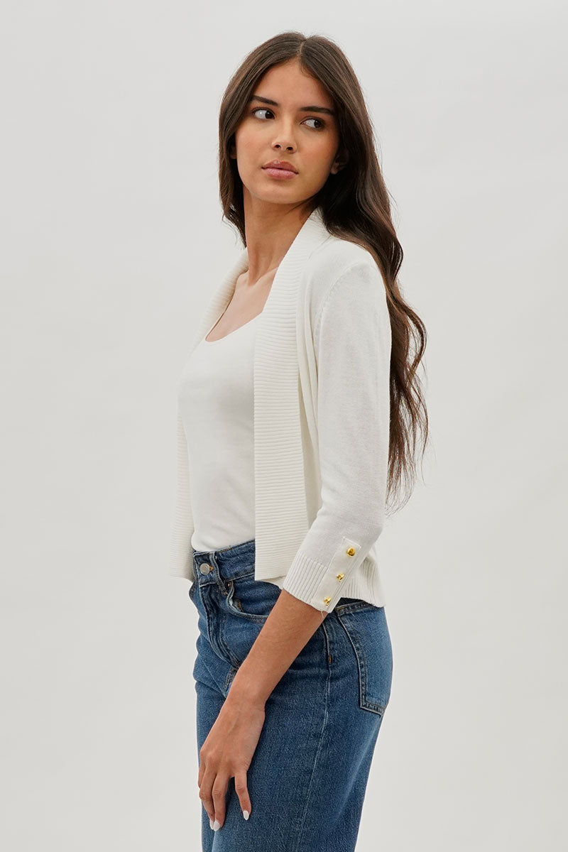 Beechers Brook 3/4 Sleeve Open Shrug Cardigan - White - Womens Cardigans - Fairweather