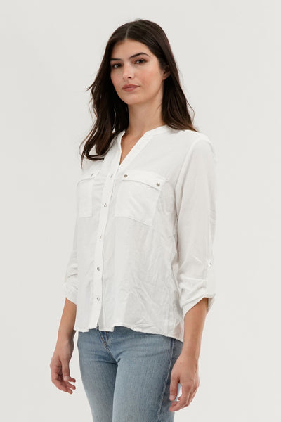Runaway Bay Roll Up Sleeve Utility Pocket Blouse - White - Womens Shirts & Blouses - Fairweather