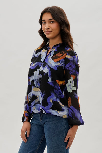 Costa Blanca Marble Print Ruffle Neck Blouse - Black - Womens Shirts & Blouses - Fairweather
