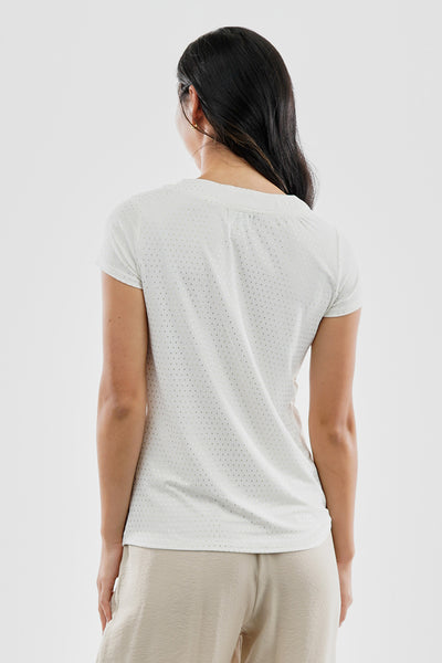 Beechers Brook Patterned Grommet Neck Detail Tee - White - Womens Tees & Tank Tops - Fairweather