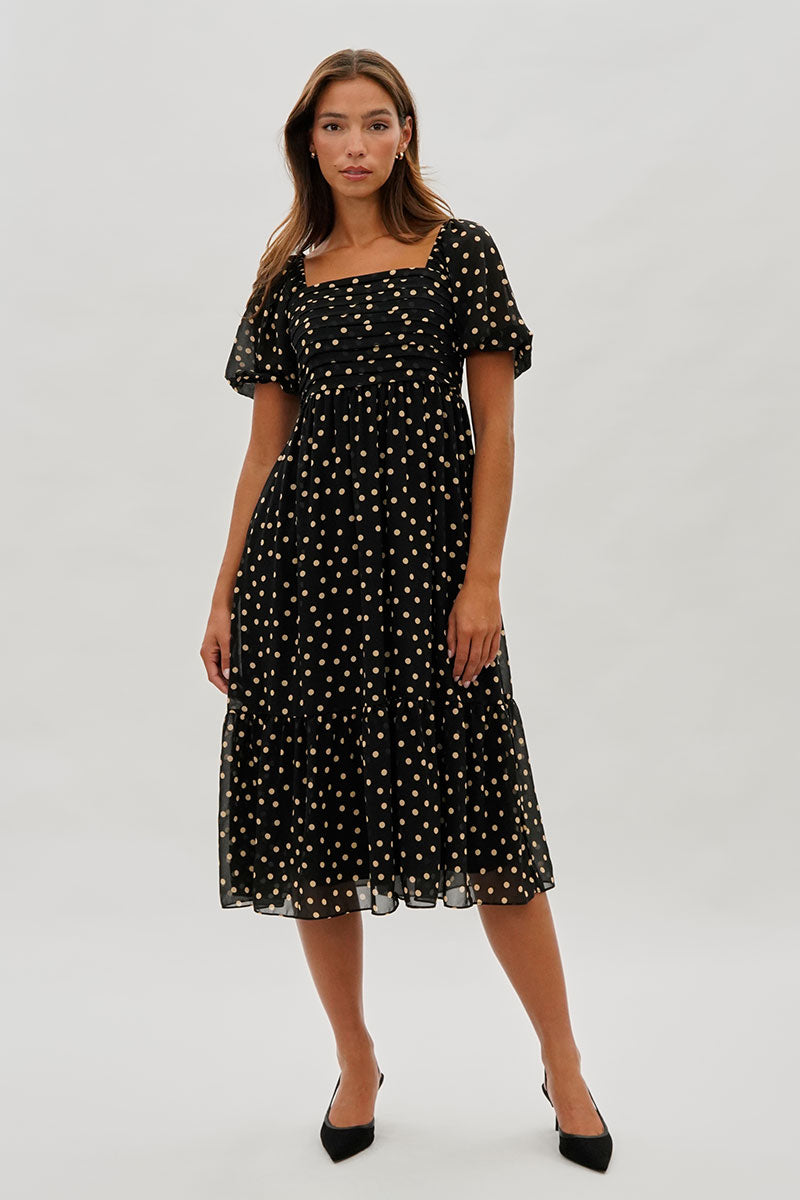 Beechers Brook Dotted Pleated Square Neck Midi Dress - Black - Womens Midi Dresses - Fairweather