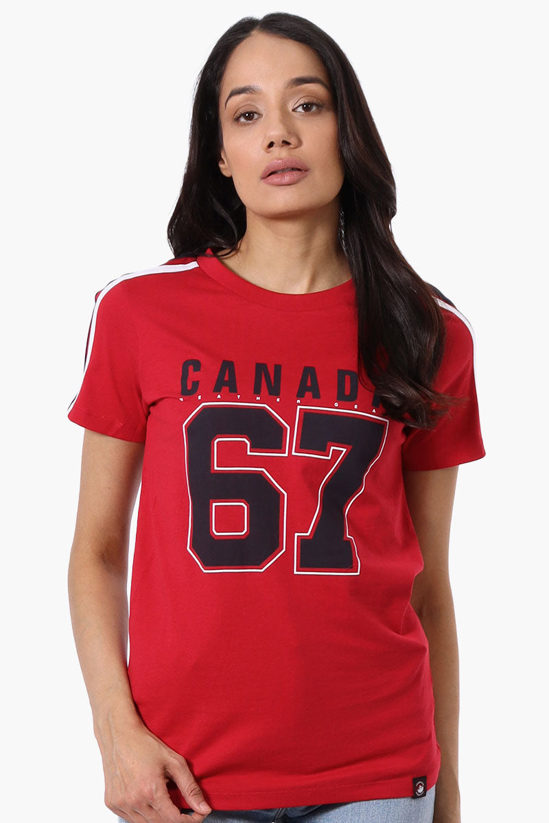 Canada Weather Gear 67 Print Stripe Detail Tee - Red - Womens Tees & Tank Tops - Fairweather