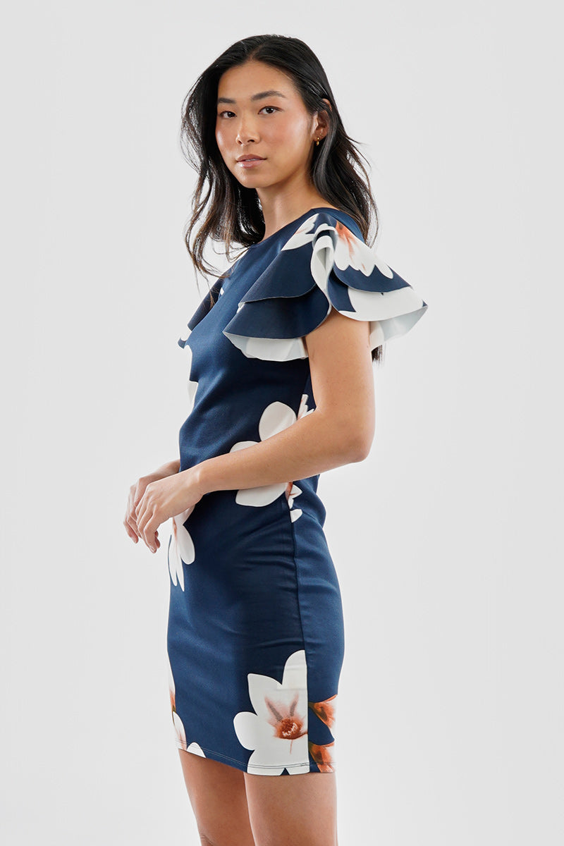 Floral Flutter Sleeve Scuba Cocktail Dress - Navy Floral Flutter Sleeve Scuba Cocktail Dress - Navy