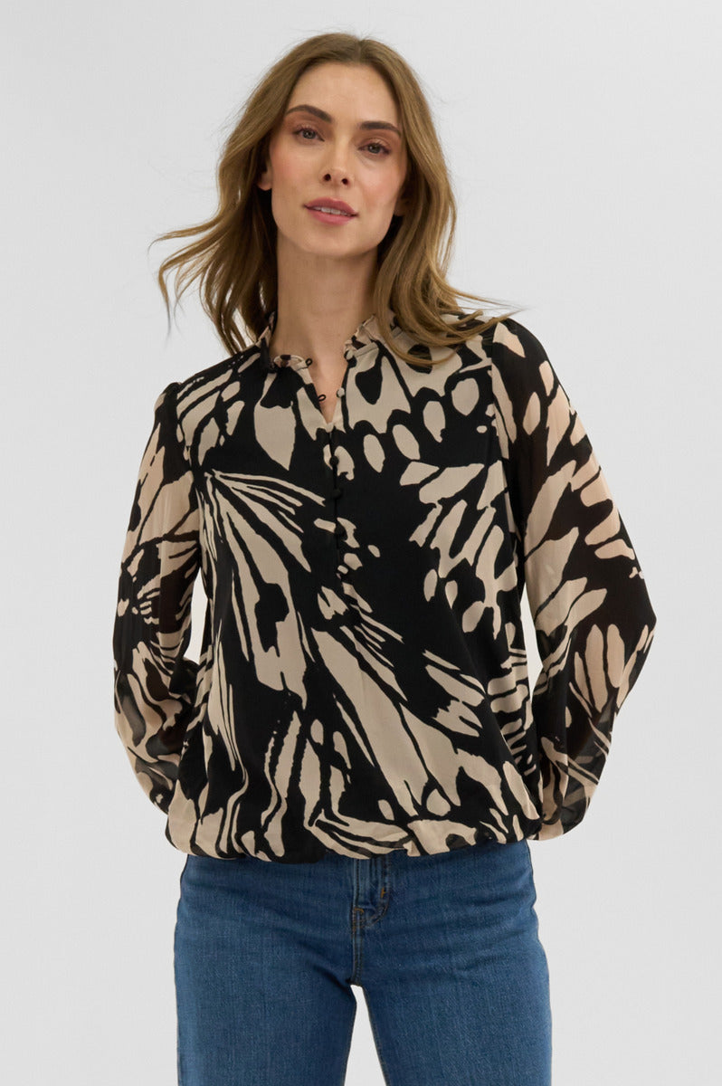 Costa Blanca Patterned Sheer Sleeve Blouse - Black - Womens Shirts & Blouses - Fairweather