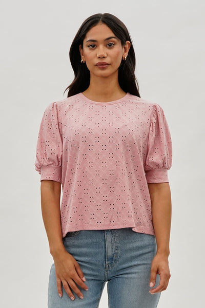 Beechers Brook Eyelet Detail Puff Sleeve Blouse - Pink - Womens Shirts & Blouses - Fairweather