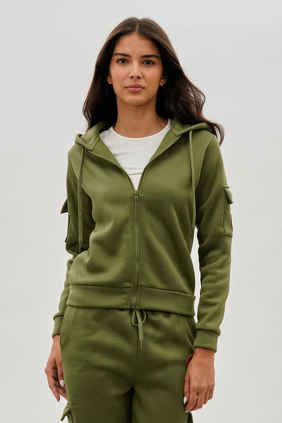 Fahrenheit Utility Pocket Zip Up Hoodie - Olive - Womens Hoodies & Sweatshirts - Fairweather
