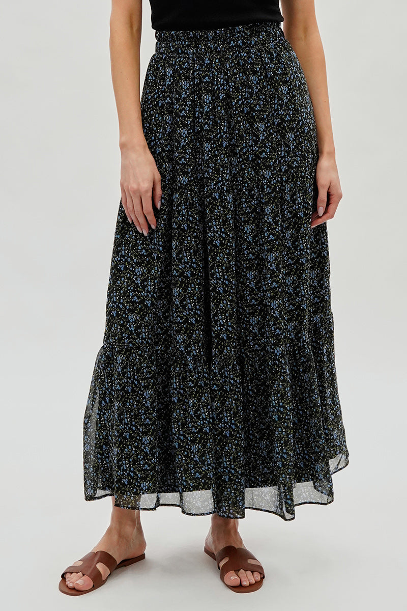 Costa Blanca Floral Tiered Chiffon Maxi Skirt - Black - Womens Skirts - Fairweather