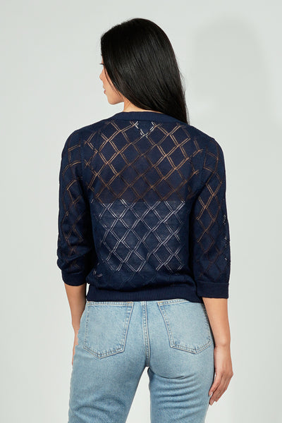 Beechers Brook Diamond Knit 3/4 Sleeve Open Cardigan - Navy - Womens Cardigans - Fairweather