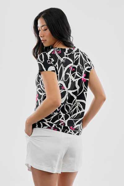 Beechers Brook Floral Grommet Neck Detail Tee - Black - Womens Tees & Tank Tops - Fairweather