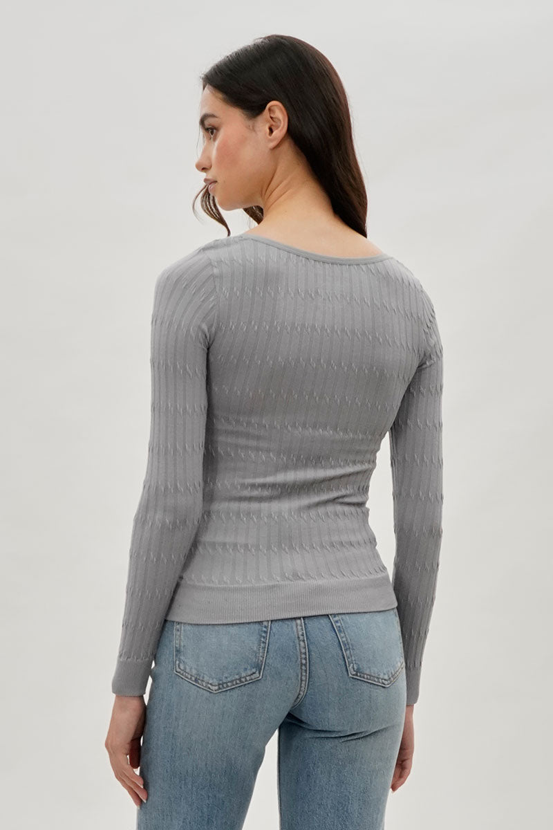 International INC Company Ribbed Scoop Neck Long Sleeve Top - Grey - Womens Long Sleeve Tops - Fairweather