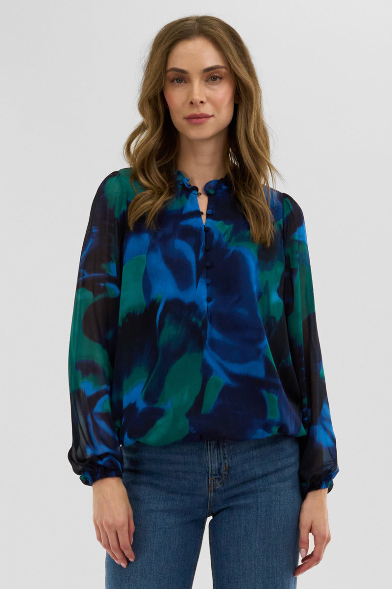 Costa Blanca Patterned Sheer Sleeve Blouse - Navy - Womens Shirts & Blouses - Fairweather