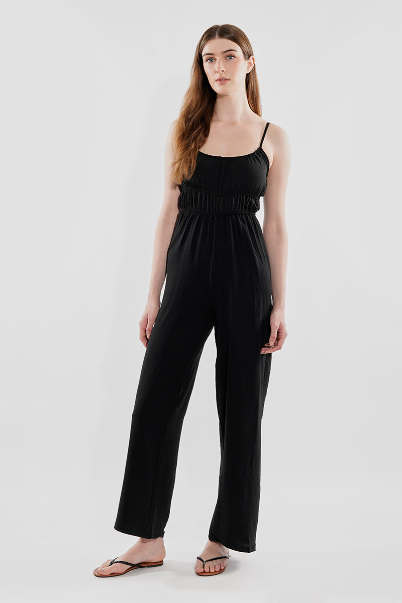 International INC Company Smocked Waist Side Slit Jumpsuit - Black - Womens Jumpsuits & Rompers - Fairweather