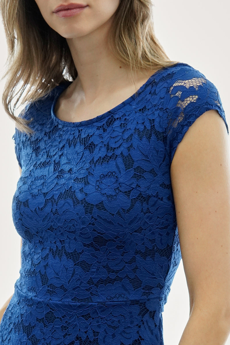 Costa Blanca Floral Lace Cap Sleeve Day Dress - Blue - Womens Day Dresses - Fairweather