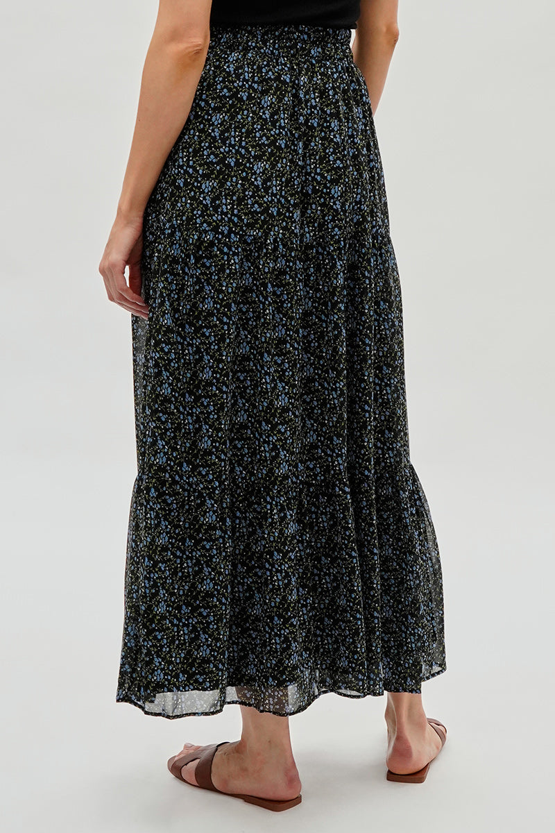 Costa Blanca Floral Tiered Chiffon Maxi Skirt - Black - Womens Skirts - Fairweather