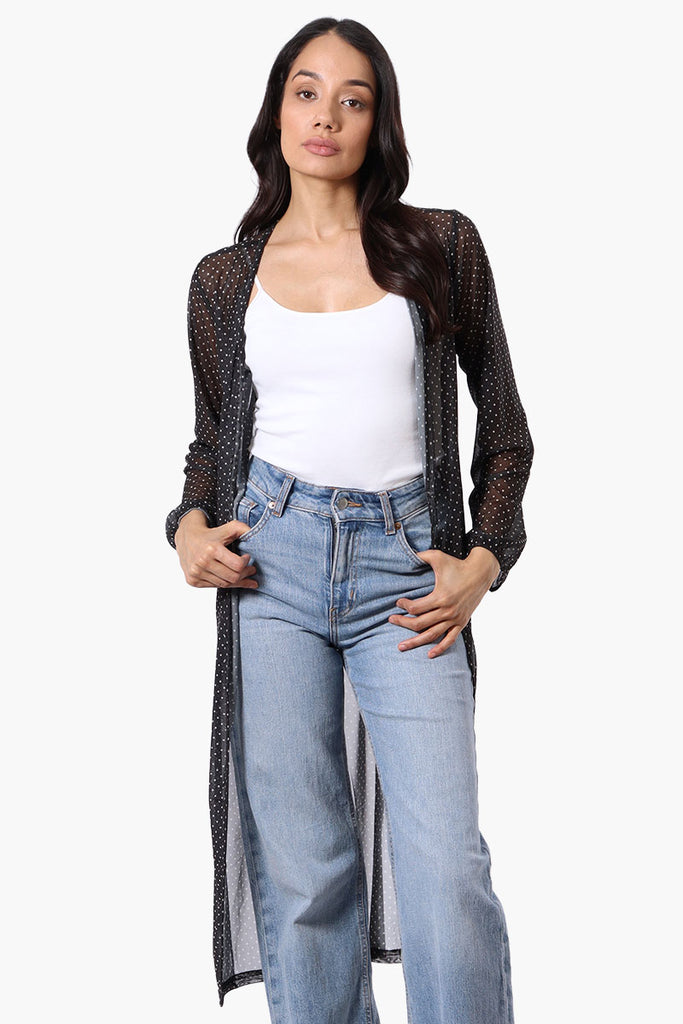Polka Dot Long Sleeve Sheer Duster Cardigan - Black