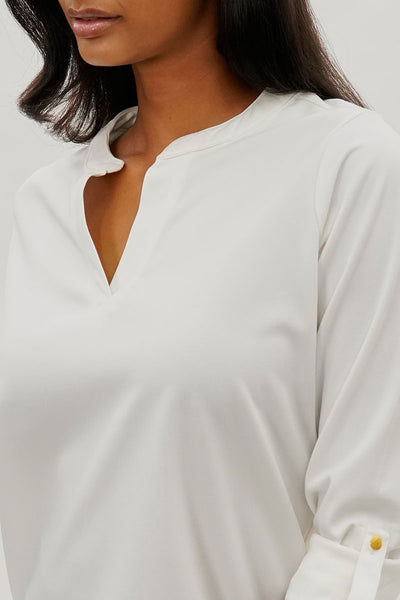 Costa Blanca Split Neck Roll Up Sleeve Blouse - White - Womens Shirts & Blouses - Fairweather