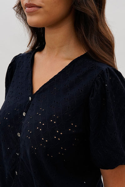 Beechers Brook Button Down Eyelet Blouse - Navy - Womens Shirts & Blouses - Fairweather