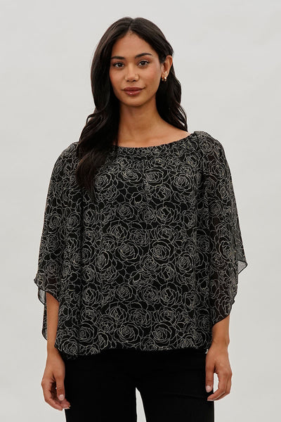 Costa Blanca Floral Chiffon Cape Blouse - Black - Womens Shirts & Blouses - Fairweather