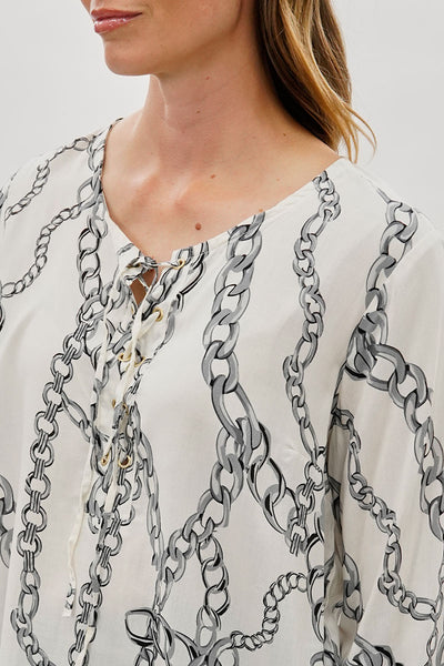 Beechers Brook Chain Print Lace Up Blouse - White - Womens Shirts & Blouses - Fairweather