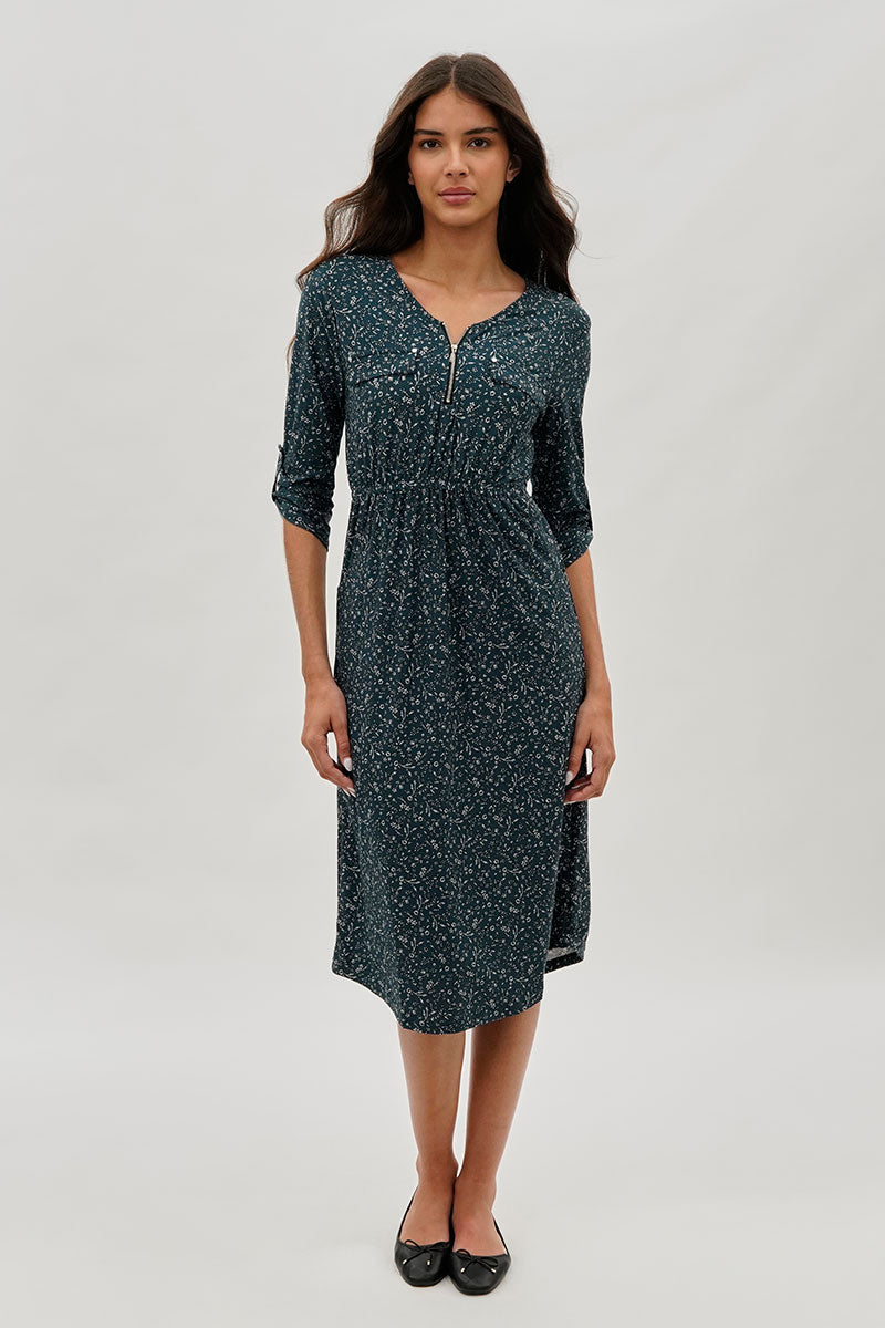 International INC Company Floral Front Zip Midi Dress - Teal - Womens Midi Dresses - Fairweather