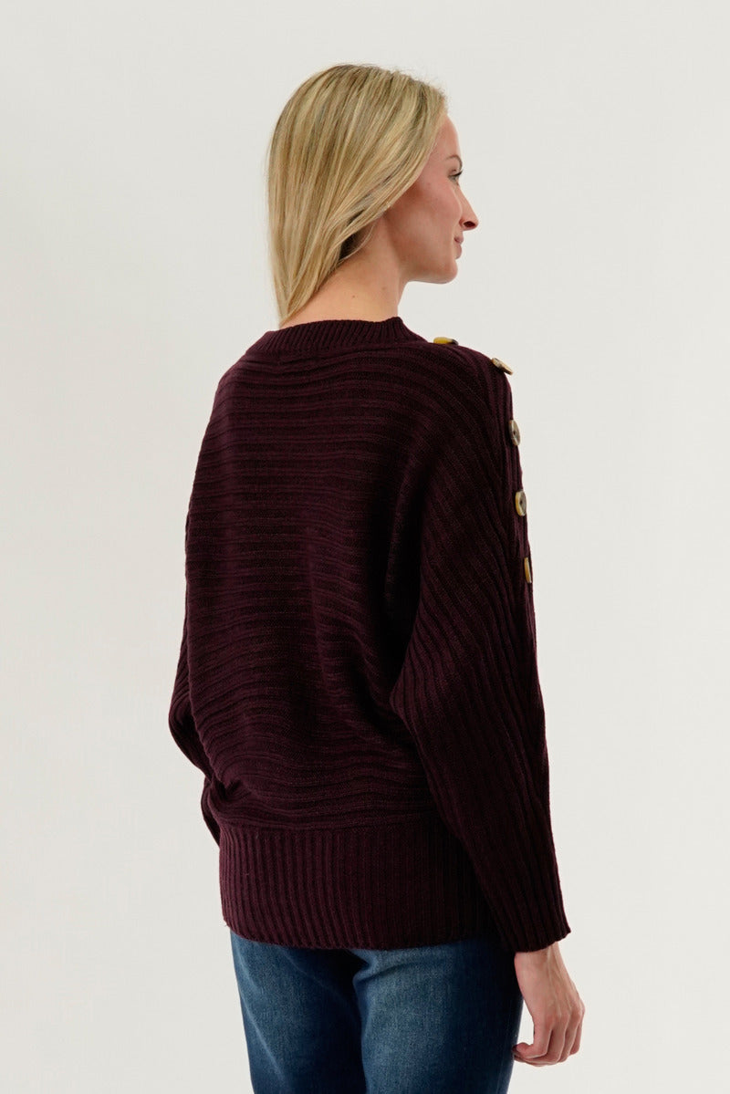 International INC Company Ribbed Button Detail Pullover Sweater - Burgundy - Womens Pullover Sweaters - Fairweather