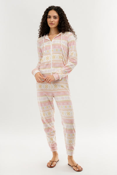 Canada Weather Gear Festive Print Fleece Onesie - Blush - Womens Onesies - Fairweather