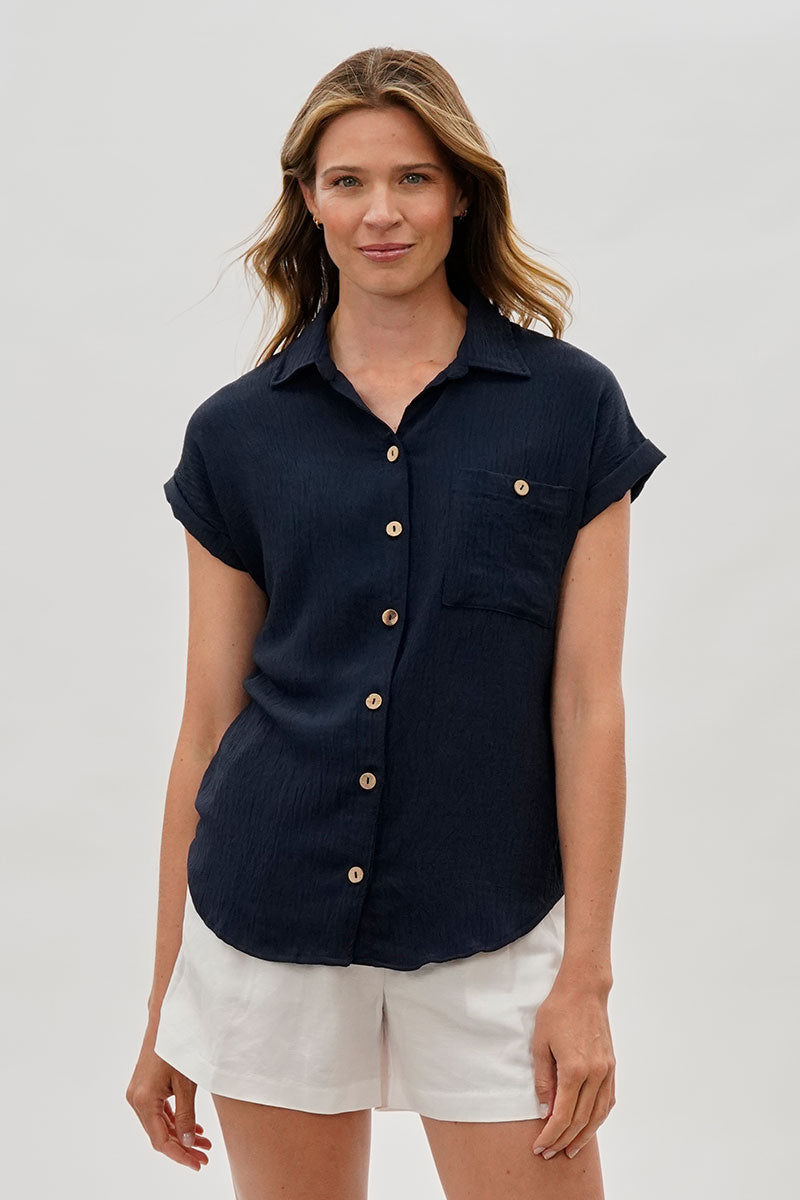 Sylexchange Vintage Short Sleeve Button Down Shirt - Navy - Womens Shirts & Blouses - Fairweather