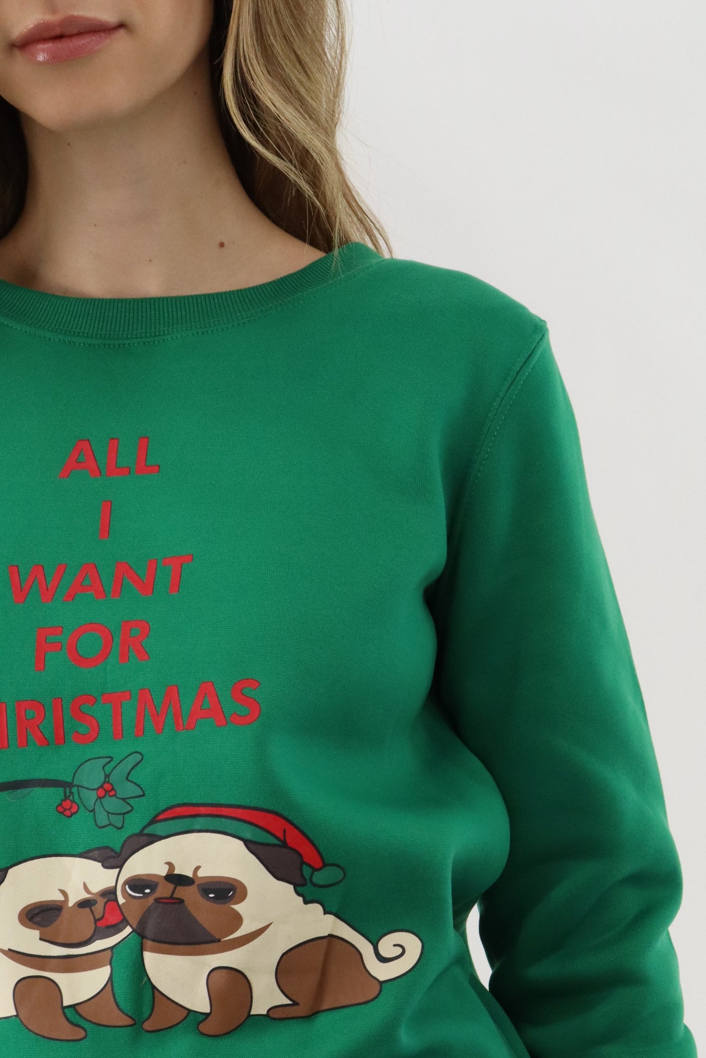 Festive Pugs Christmas Sweater - Green - Womens Christmas Sweaters - Fairweather