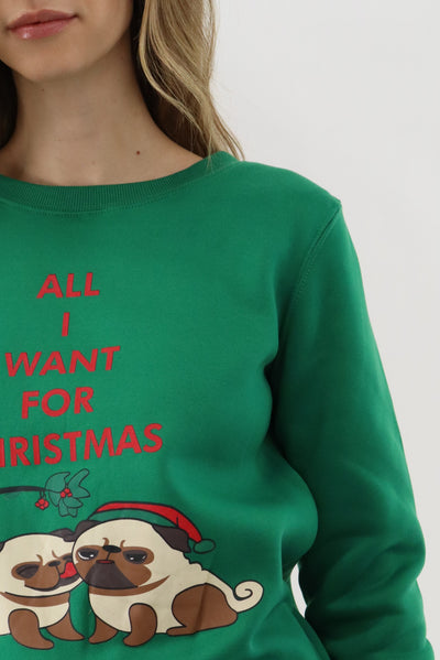 Festive Pugs Christmas Sweater - Green - Womens Christmas Sweaters - Fairweather