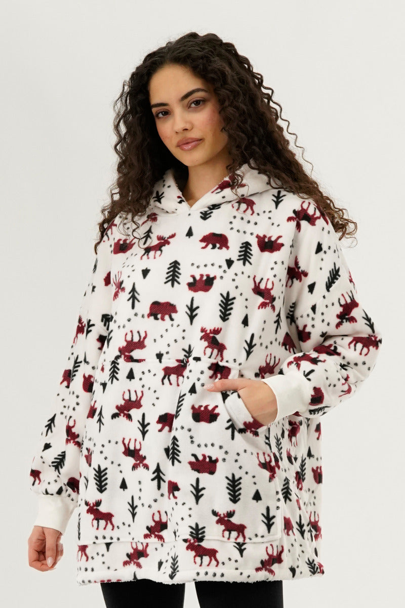 Canada Weather Gear Festive Print Oversided Hooded Pajama Top - White - Womens Pajamas - Fairweather