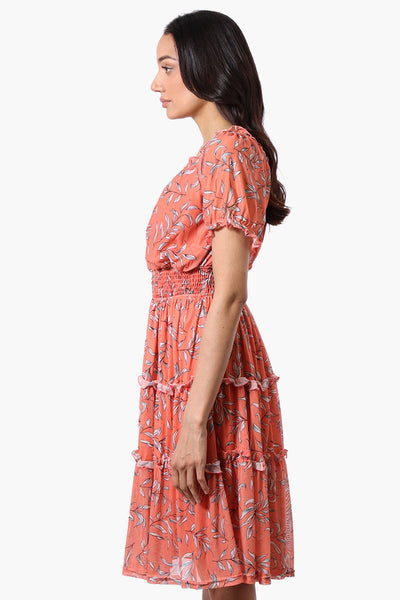 Costa Blanca Leaf Print Tiered Smocked Waist Midi Dress - Coral - Womens Midi Dresses - Fairweather
