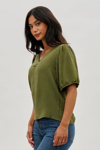 Stylexchange Vintage Puff Sleeve V-Neck Blouse - Olive - Womens Shirts & Blouses - Fairweather