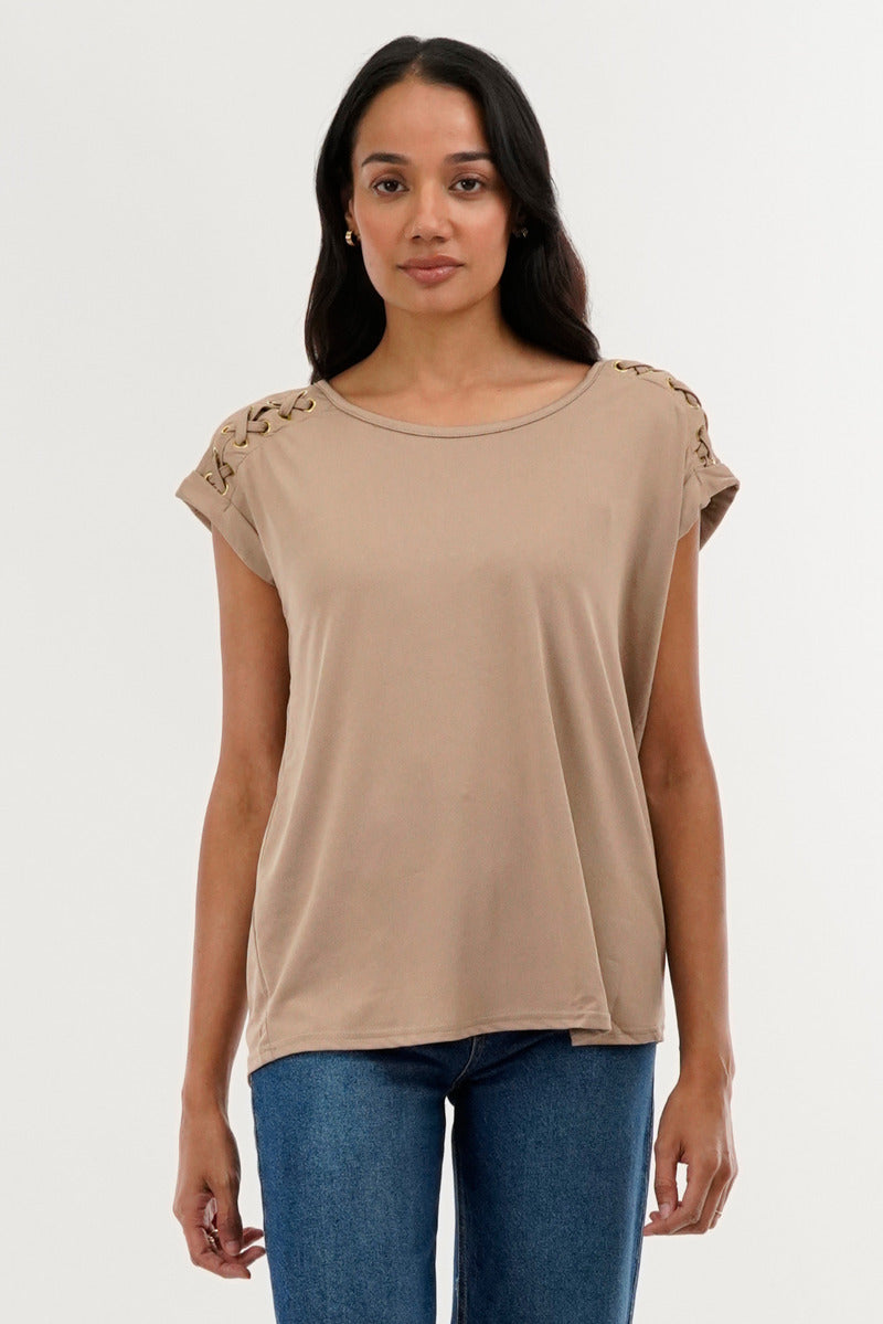 International INC Company Shoulder Lace Up Tee - Taupe - Womens Tees & Tank Tops - Fairweather