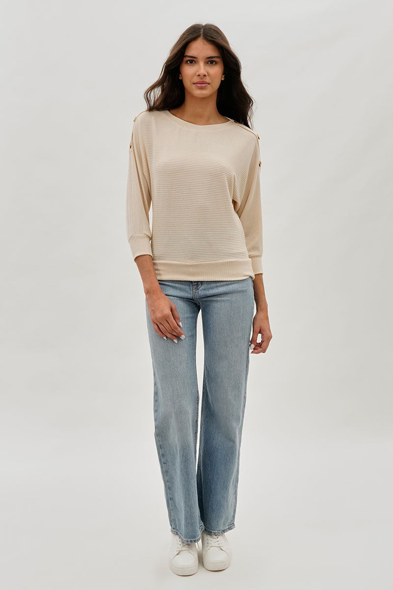 International INC Company Ribbed Button Detail Pullover Sweater - Cream - Womens Pullover Sweaters - Fairweather