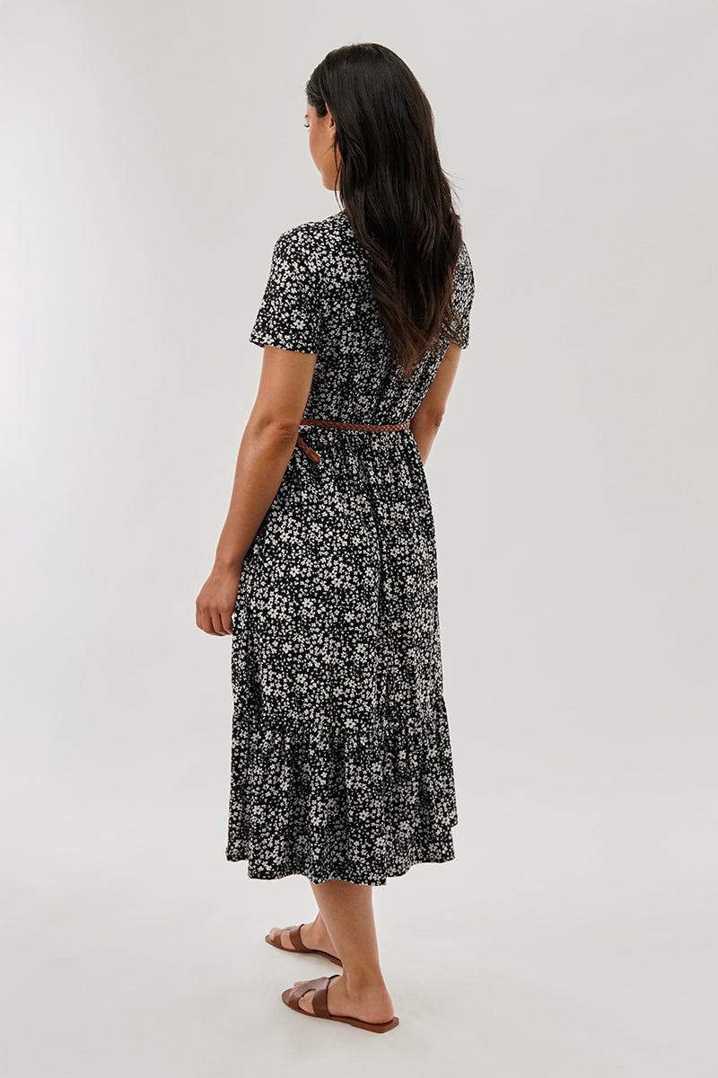 Beechers Brook Floral Belted Short Sleeve Midi Dress - Black - Womens Midi Dresses - Fairweather