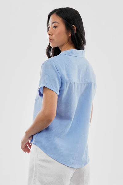Super Triple Goose Vintage Short Sleeve Button Up Textured Shirt - Blue - Womens Shirts & Blouses - Fairweather