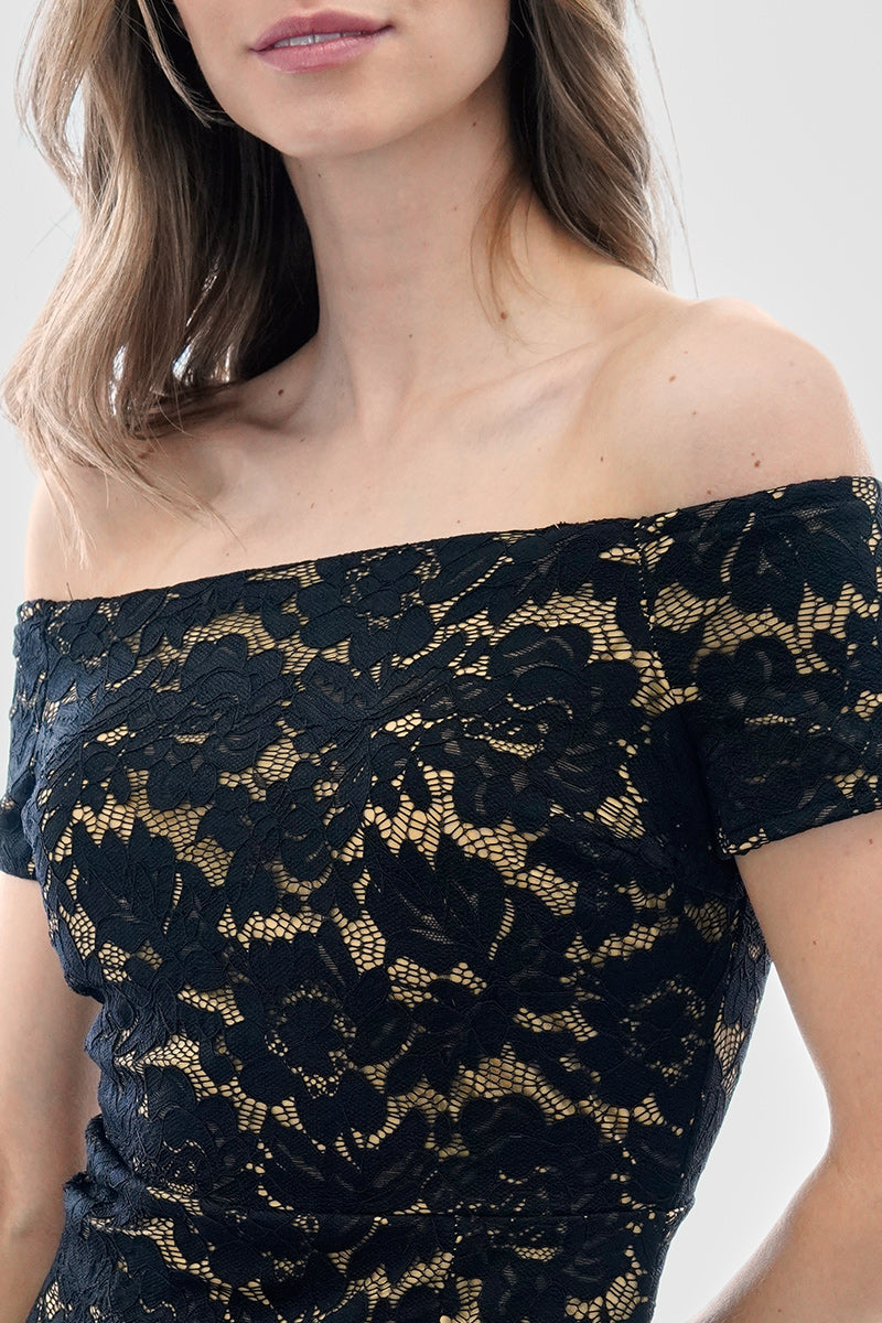 Costa Blanca Lace Off Shoulder Side Slit Cocktail Dress - Black - Womens Cocktail Dresses - Fairweather