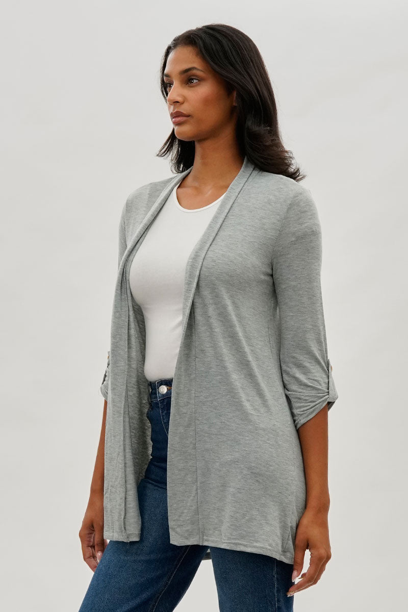 Fahrenheit Open Front Roll Up Sleeve Cardigan - Grey - Womens Cardigans - Fairweather