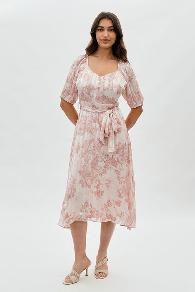 Costa Blanca Floral Short Sleeve Midi Dress - Blush - Womens Midi Dresses - Fairweather